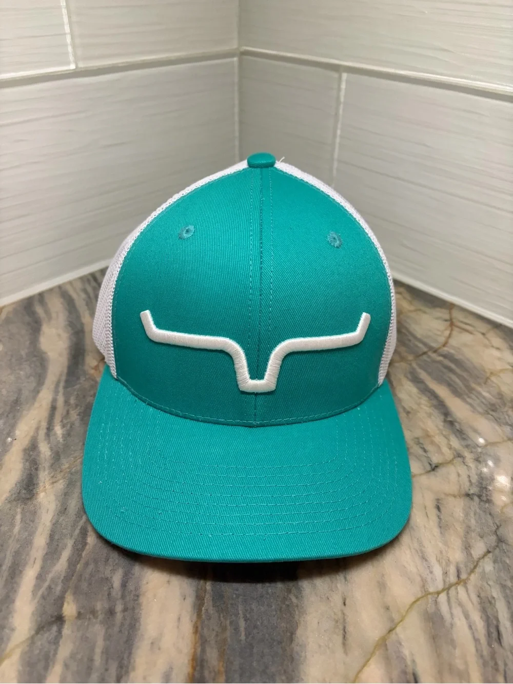 Kimes Ranch Adjustable Mesh Back Trucker Hat Teal White Western Men Longhorn